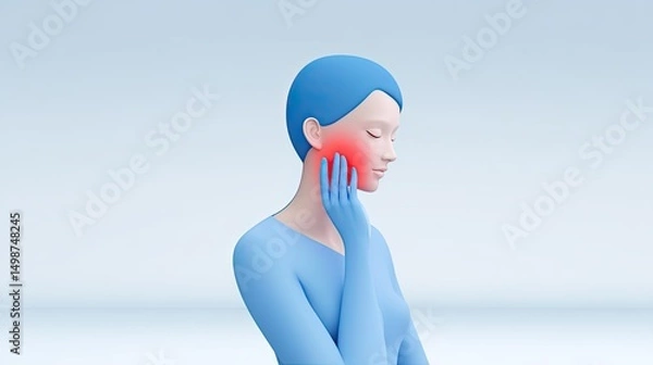 Fototapeta Abstract 3D Cartoon Character with Toothache Holding Jaw and Highlighted Red Cheek in Medical Illustration on White Gradient Background