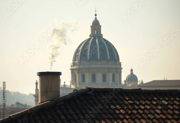 Fototapeta Smoke rising from a chimney with a domed building in the background