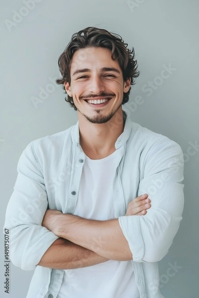Obraz Portrait of smiling young man with folded arms. Smiling joyful cheerful men with crossed hands studio shot, on gray background