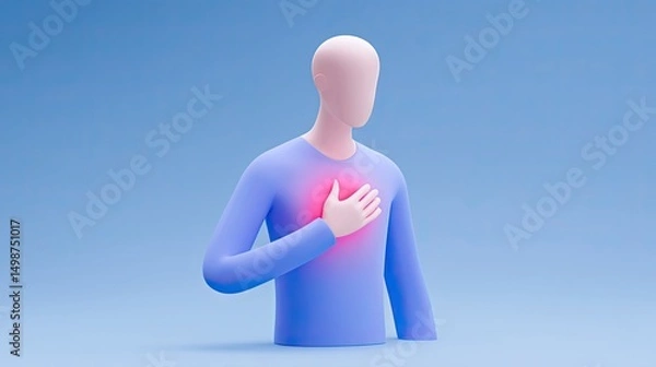 Fototapeta 3D Abstract Character Pressing Chest with Red Highlight Indicating Chest Pain in Medical Health Concept Illustration on Clean Gradient Background