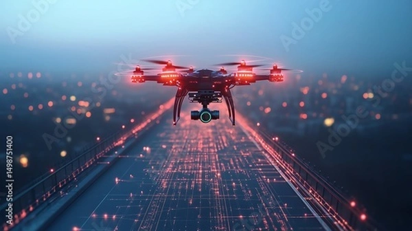Obraz 3D drone inspecting bridge with laser scanning, futuristic technology and clean lines, ideal for engineering and infrastructure projects.