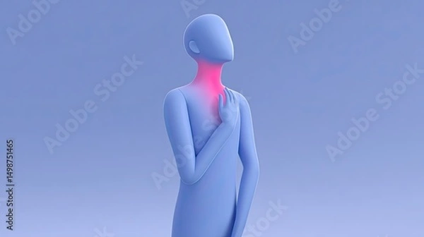 Fototapeta 3D Abstract Character Touching Throat with Red Neck Highlight Indicating Sore Throat in Medical Concept on Clean Gradient Background