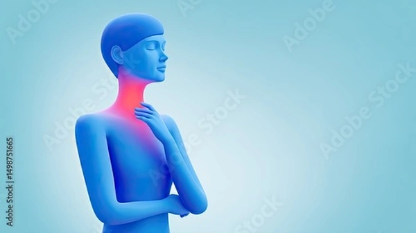 Fototapeta 3D Abstract Character Touching Throat with Red Neck Highlight Indicating Sore Throat in Medical Concept on Clean Gradient Background