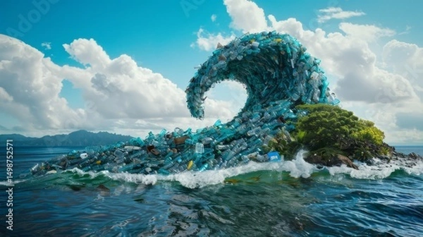 Fototapeta A massive wave made of plastic waste crashing down onto a small island, visually representing the overwhelming impact of ocean pollution and human negligence