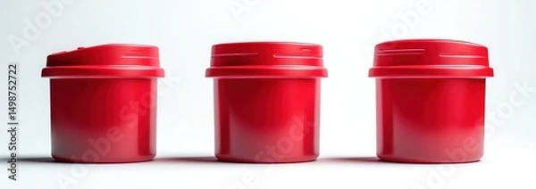 Fototapeta Three glossy red plastic containers with lids arranged in a row on a white background, showcasing a clean and minimalist design