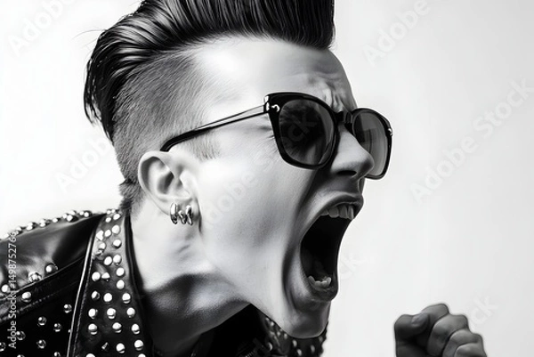 Obraz Rocker boy wearing goggles, half profile black and white