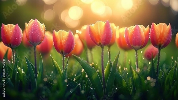 Fototapeta Close-up of dew-covered orange tulips in a green field with warm golden sunlight background creating a peaceful and refreshing morning atmosphere