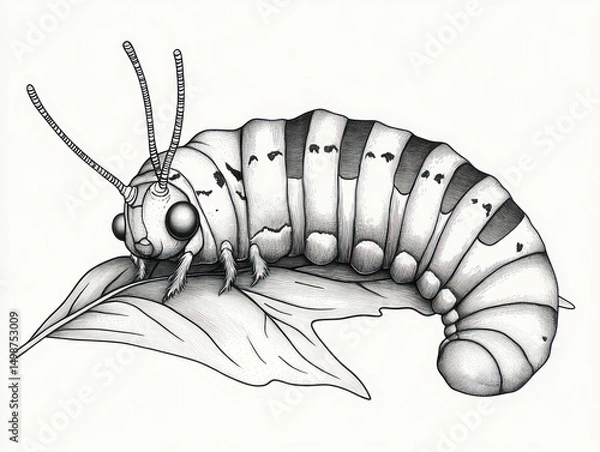 Fototapeta Detailed black and white illustration of a segmented caterpillar resting on a leaf with antennae and multiple legs visible, showcasing texture and shading