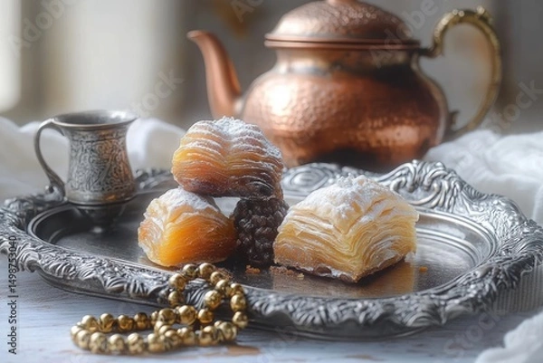 Fototapeta Traditional powdered sugar coated layered pastries on an ornate silver tray with a copper teapot, metal cup, and golden bead necklace creating a vintage tea setting