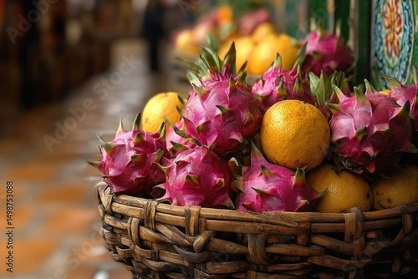 Fototapeta Woven basket filled with bright pink dragon fruits and yellow oranges on a tiled floor with blurred background