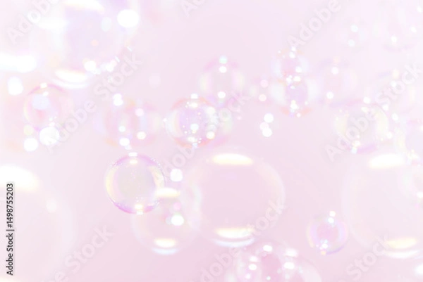 Fototapeta Beautiful Transparent Pink Soap Bubbles Floating in The Air. Clear Bubbles, Freshness Soap Suds Bubbles Water. Celebration Festive Backdrop. Pink and White Gradient Textured.	
