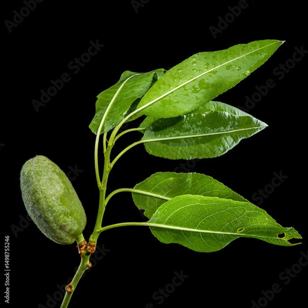 Fototapeta Almond Fruitlet and Leaves Against a Dark Backdrop
