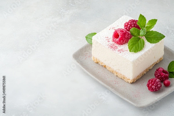 Obraz Piece of cheesecake with fresh raspberries and mint on a plate on a light background, copy space. Summer dessert