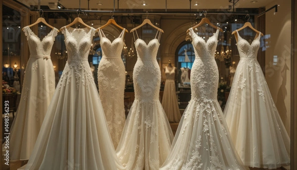 Obraz Elegant wedding dresses displayed in a city shop window at night	