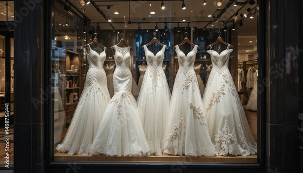 Obraz Elegant wedding dresses displayed in a city shop window at night	