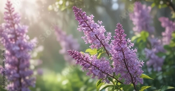 Fototapeta Delicate purple lilac blossoms, soft spring bokeh background,  peaceful, lilac,  beautiful