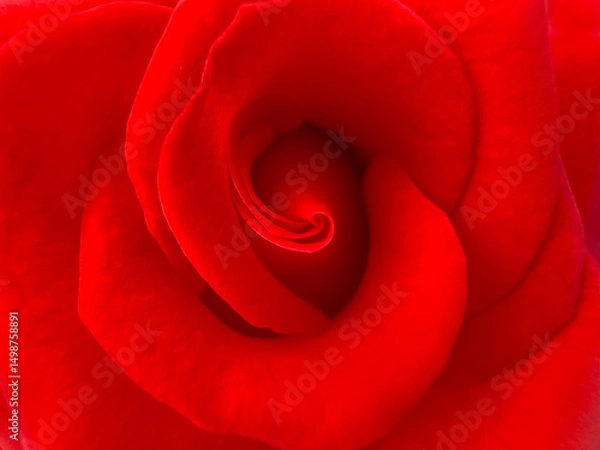 Fototapeta A close-up of a crimson rose reveals velvety layers, gently fading into a smooth, unfocused background.