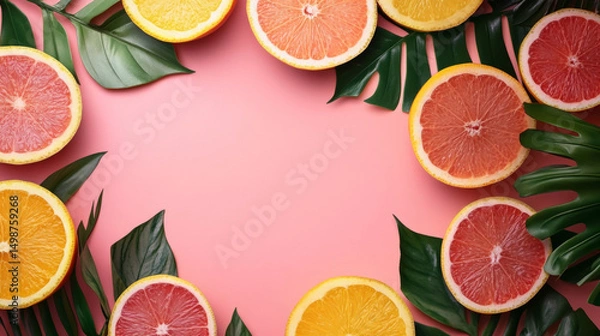 Obraz Citrus fruits and tropical leaves on pink background, Flat lay composition with copy space