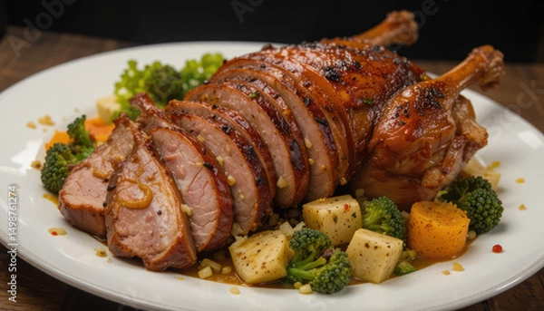 Obraz Roasted Duck Slices With Vegetables On Plate	
