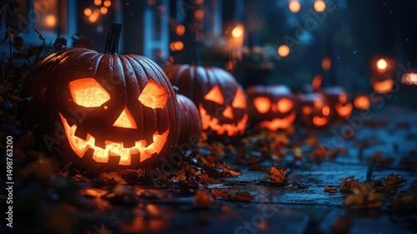 Fototapeta Row of illuminated carved pumpkins with menacing faces glowing warmly on a dark, wet pavement scattered with autumn leaves during evening