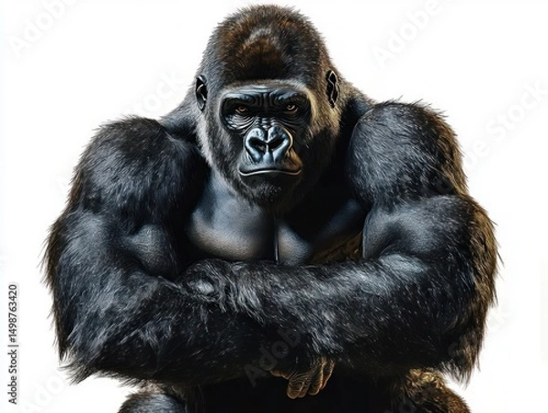Fototapeta Close-up of a large muscular gorilla with intense, focused expression sitting with arms crossed against a white background