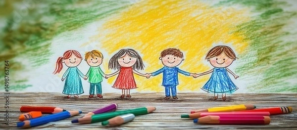 Fototapeta Colorful drawing of five happy children holding hands with colored pencils scattered in front on a wooden surface