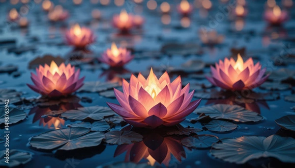 Obraz Illuminated Lotus Candles On Water	
