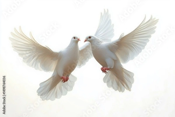 Fototapeta Two white doves in mid-flight with wings fully extended against a bright, soft background evoking peace and purity