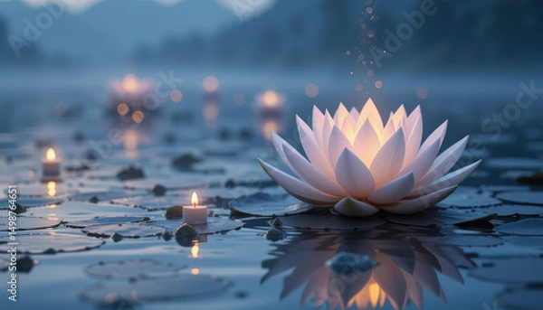 Obraz Illuminated Lotus Candles On Water	
