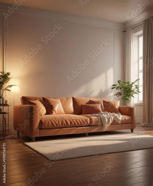 Fototapeta Warm lighting illuminates plush sofa, throw pillows scattered on floor ,  furniture,  comfortable