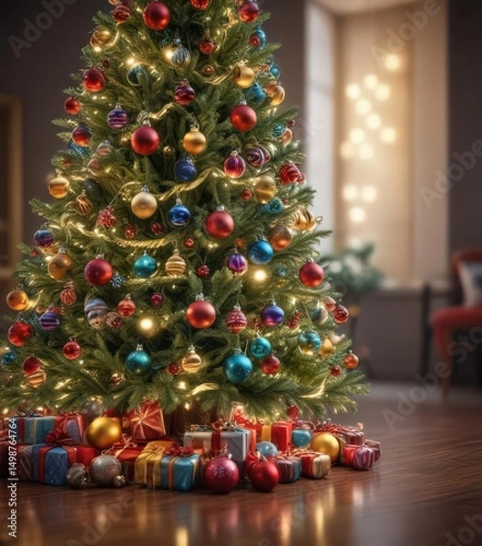 Fototapeta A dazzling Christmas tree, sparkling with colorful ornaments and soft, blurred lights ,  holiday background,  ornaments, christmas tree