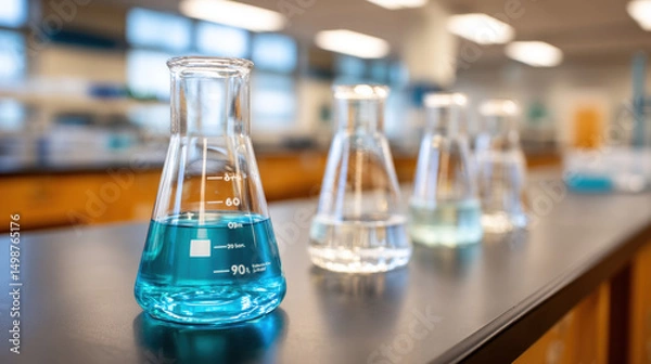 Obraz Empty laboratory with beakers containing colorful liquids workbench blurred background of science lab bright lighting scientific equipment clean and organized environment laboratory glassware