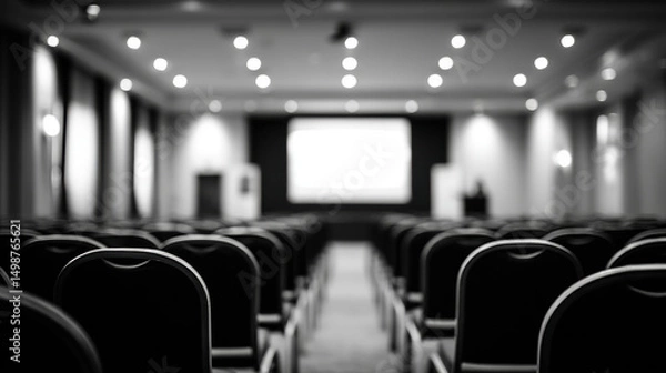 Obraz Empty conference room set up for training session with rows of chairs facing large screen, dim lighting creating professional and focused atmosphere, suitable for presentations or seminars