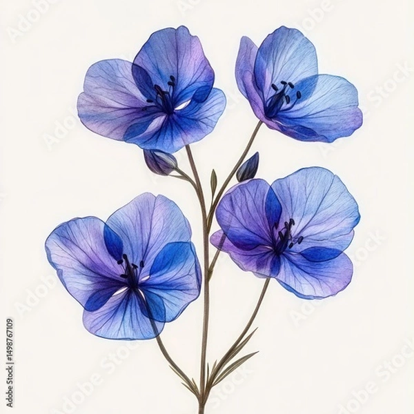 Obraz Delicate translucent blue flowers with dark centers and slender green stems on a light background, showcasing natural beauty and intricate petal details