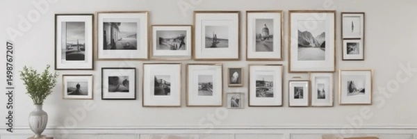 Fototapeta Stylish gallery wall mockup  Various frame styles & sizes on white wall ,  art display,  modern home