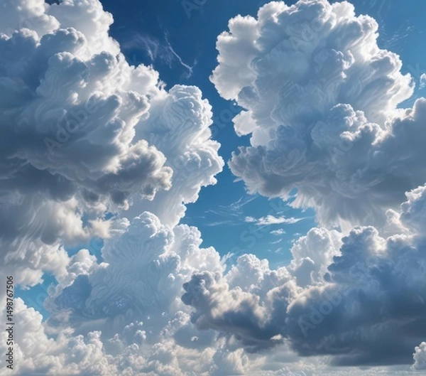 Fototapeta Azure expanse, billowing cumulus clouds create texture  Bright, cloud formations, sunny ,  overhead,  outdoor