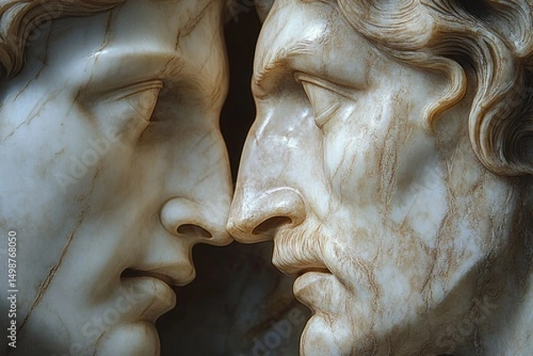 Fototapeta Close-up of two classical marble sculptures facing each other, capturing intense and thoughtful expressions with detailed textures and carved facial features