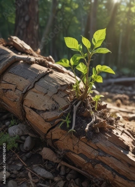 Fototapeta New sapling sprouts from decaying log, sunlight dappled , organic, sapling