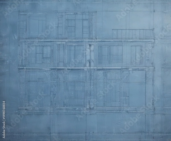 Fototapeta Architectural blueprint overlay on faded blue photo  Grunge texture , mockup, architecture