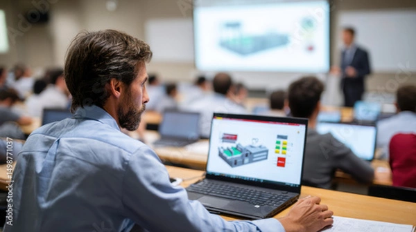 Obraz Man attending engineering lecture classroom with laptop open showing technical diagram surrounded by students with laptops presenter front with presentation slide modern educational setting