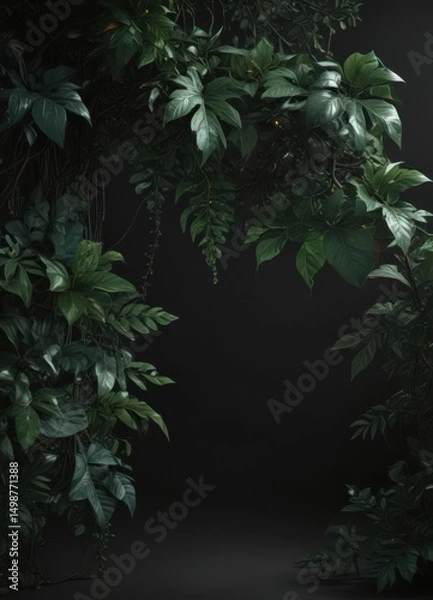 Fototapeta Deep emerald leaves, tangled vines, shadowy black background  Lush, mysterious jungle scene ,  dark green,  botanical,  plants