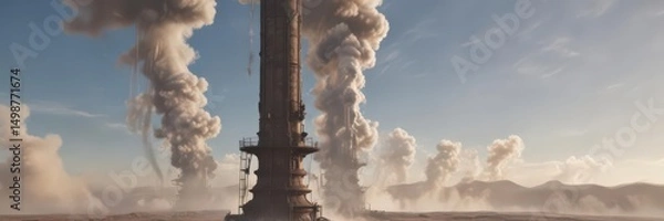 Fototapeta Towering endless column of steam obscures distant view, steam, whirl