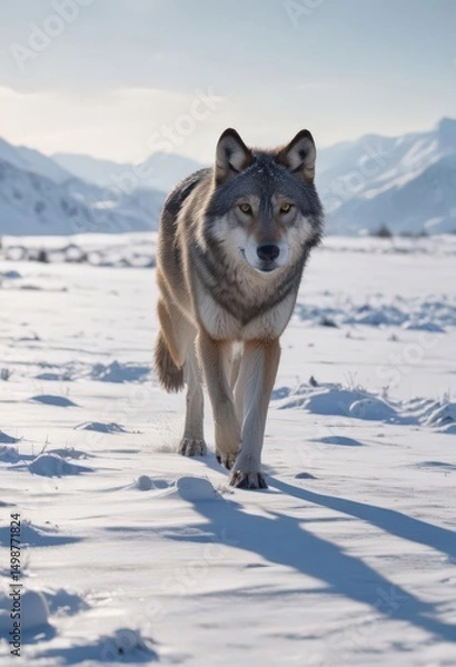 Fototapeta Lone wolf traversing snowy field, winter light,  stock image,  outdoors