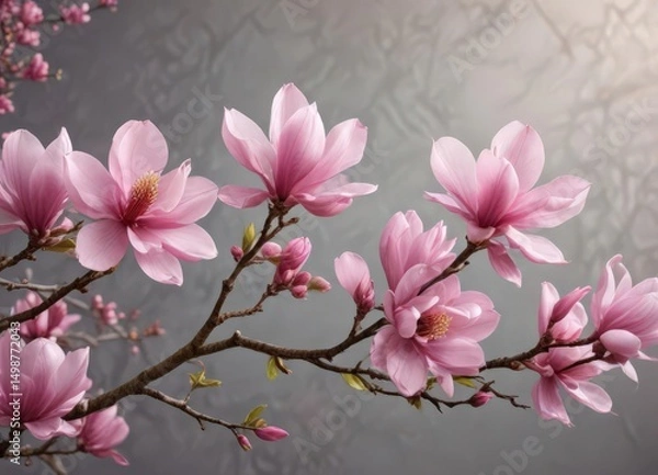 Fototapeta Fully bloomed pink magnolia flowers on a curving branch ,  garden,  springtime,  macro