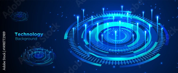 Fototapeta Futuristic dark blue technology communication and connection ring background with neon light effect for presentation illustration