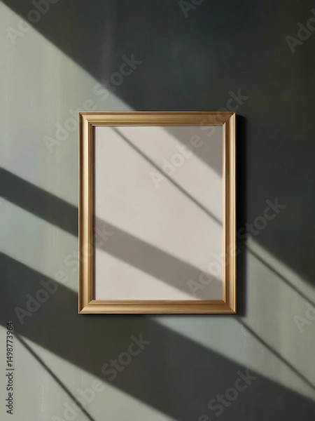Obraz This image features an empty, square-shaped golden frame hanging against a dark, possibly grey or charcoal, wall. Similar to the previous image, strong diagonal shadows, likely from a window, cut acro