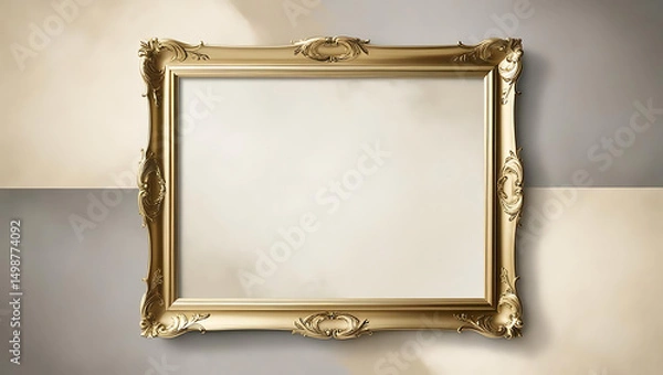 Obraz That's a beautiful image of an ornate, empty golden frame. It has a classic, slightly antique feel to it, and the way it's lit creates interesting shadows.