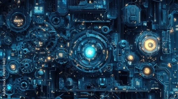 Fototapeta Futuristic technological complex.  Intricate, detailed machine components.  Circular core with glowing center.  Dark blue and luminous yellow accents