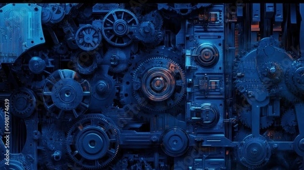 Fototapeta Intricate mechanical system, dark blue, gears, and complex mechanisms