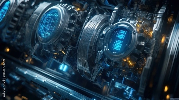 Fototapeta Futuristic engine system with digital displays.  Complex, intricate machinery with glowing displays